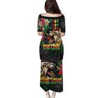 Hawaiian One Love Puletasi Reggae Lion Tropical Plants and Kakau with Tribal Pattern