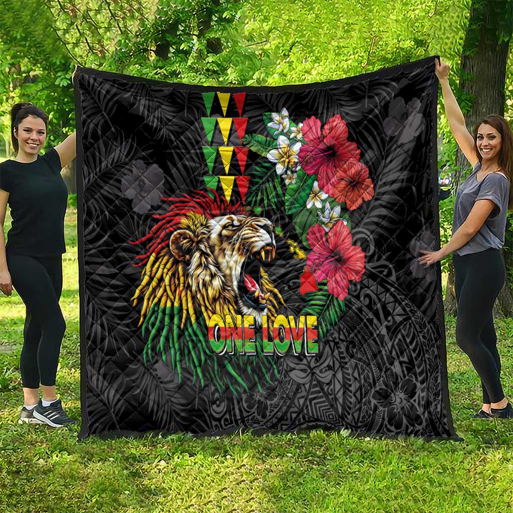 Hawaiian One Love Quilt Reggae Lion Tropical Plants and Kakau with Tribal Pattern