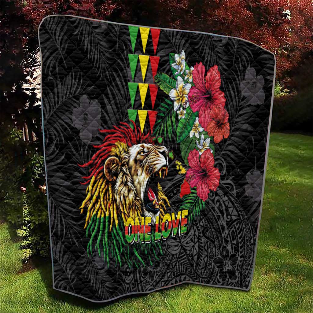 Hawaiian One Love Quilt Reggae Lion Tropical Plants and Kakau with Tribal Pattern
