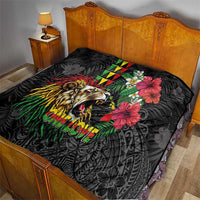 Hawaiian One Love Quilt Reggae Lion Tropical Plants and Kakau with Tribal Pattern