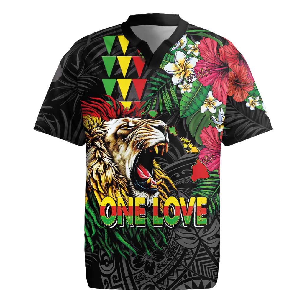 Hawaiian One Love Rugby Jersey Reggae Lion Tropical Plants and Kakau with Tribal Pattern