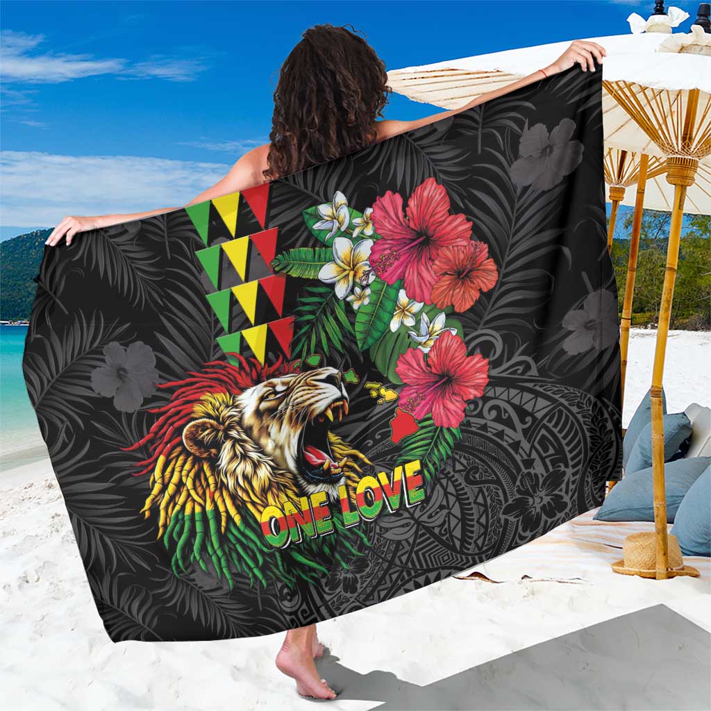 Hawaiian One Love Sarong Reggae Lion Tropical Plants and Kakau with Tribal Pattern