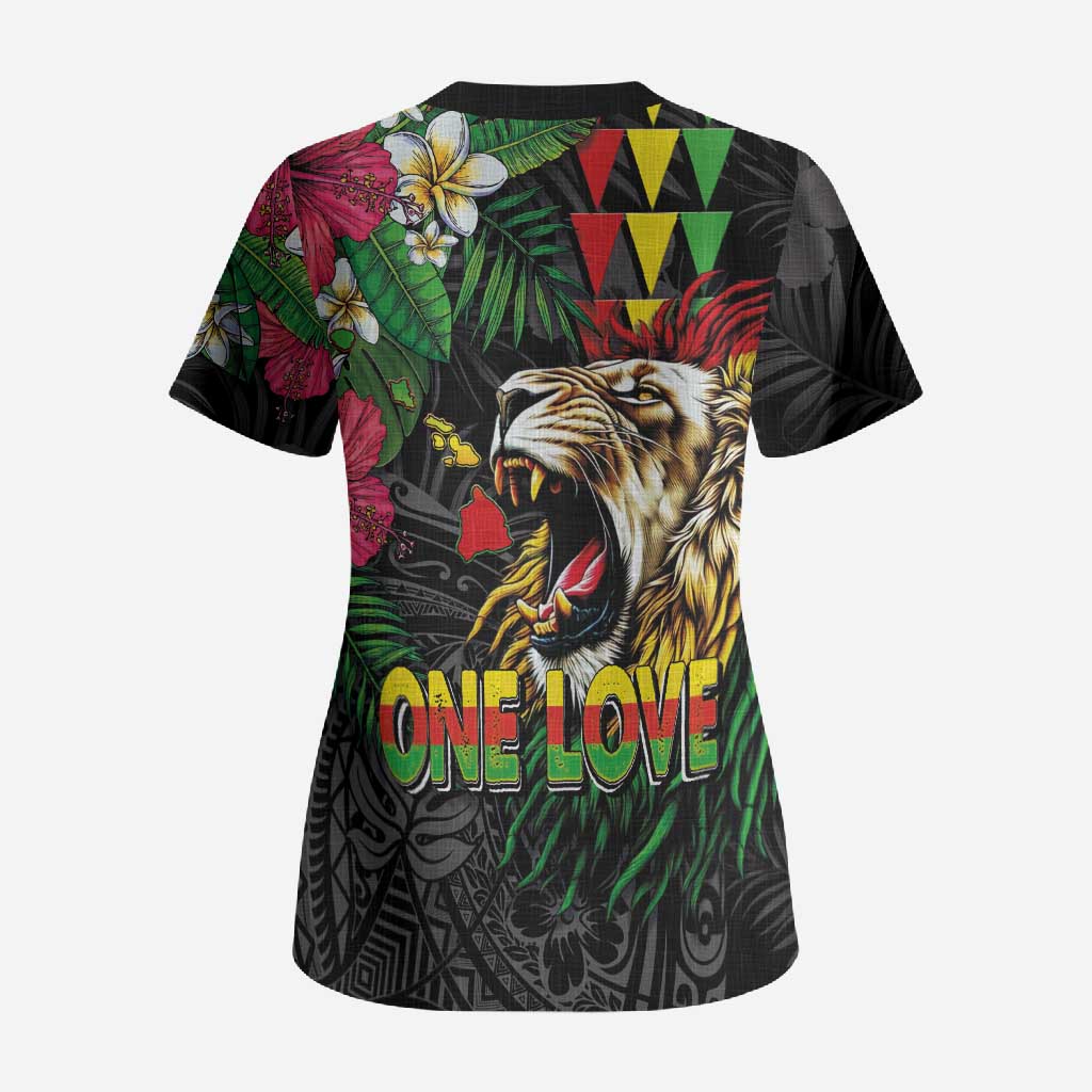Hawaiian One Love Scrub Top Reggae Lion Tropical Plants and Kakau with Tribal Pattern