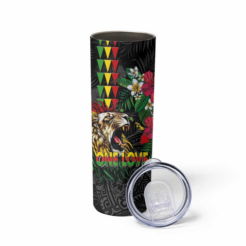 Hawaiian One Love Skinny Tumbler Reggae Lion Tropical Plants and Kakau with Tribal Pattern