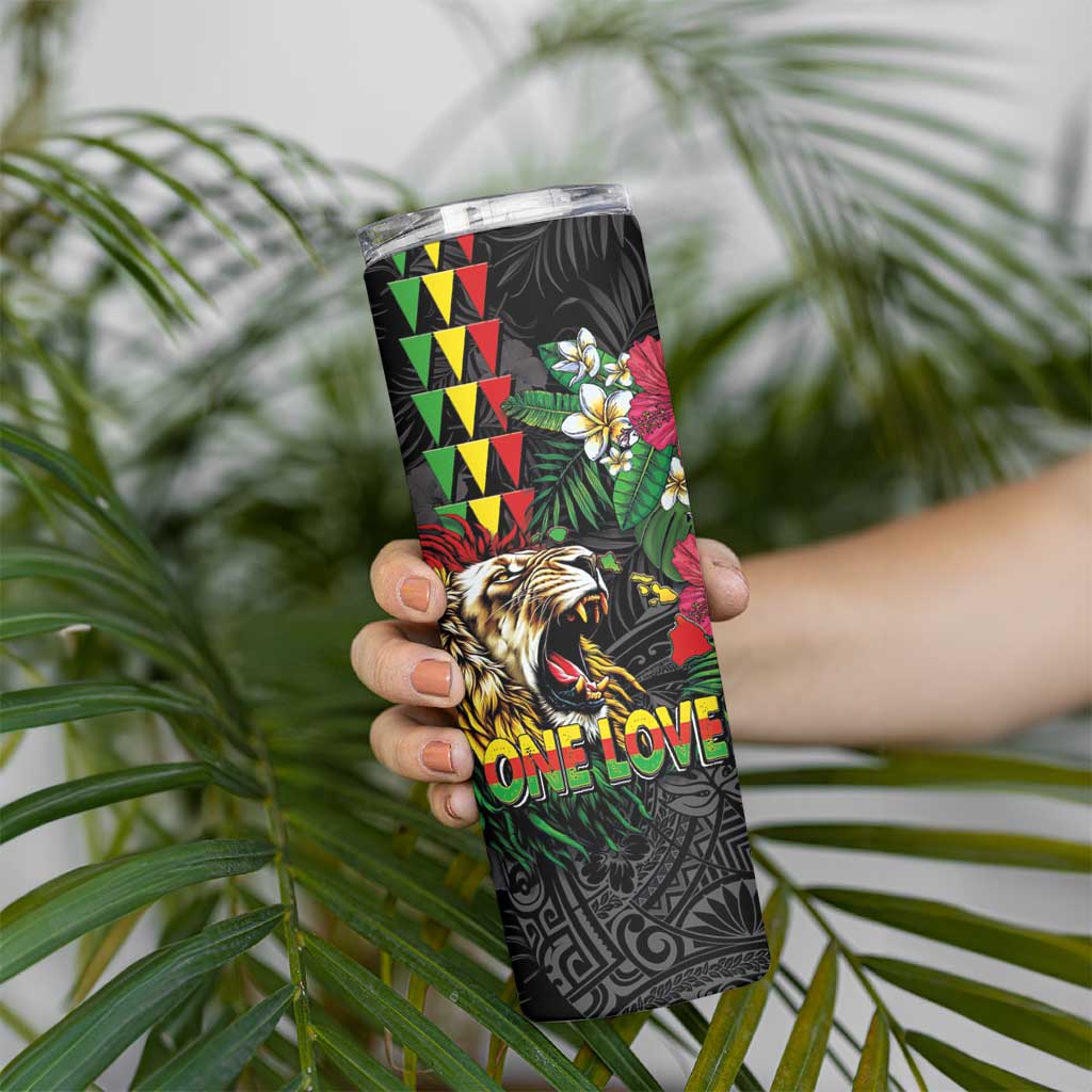Hawaiian One Love Skinny Tumbler Reggae Lion Tropical Plants and Kakau with Tribal Pattern