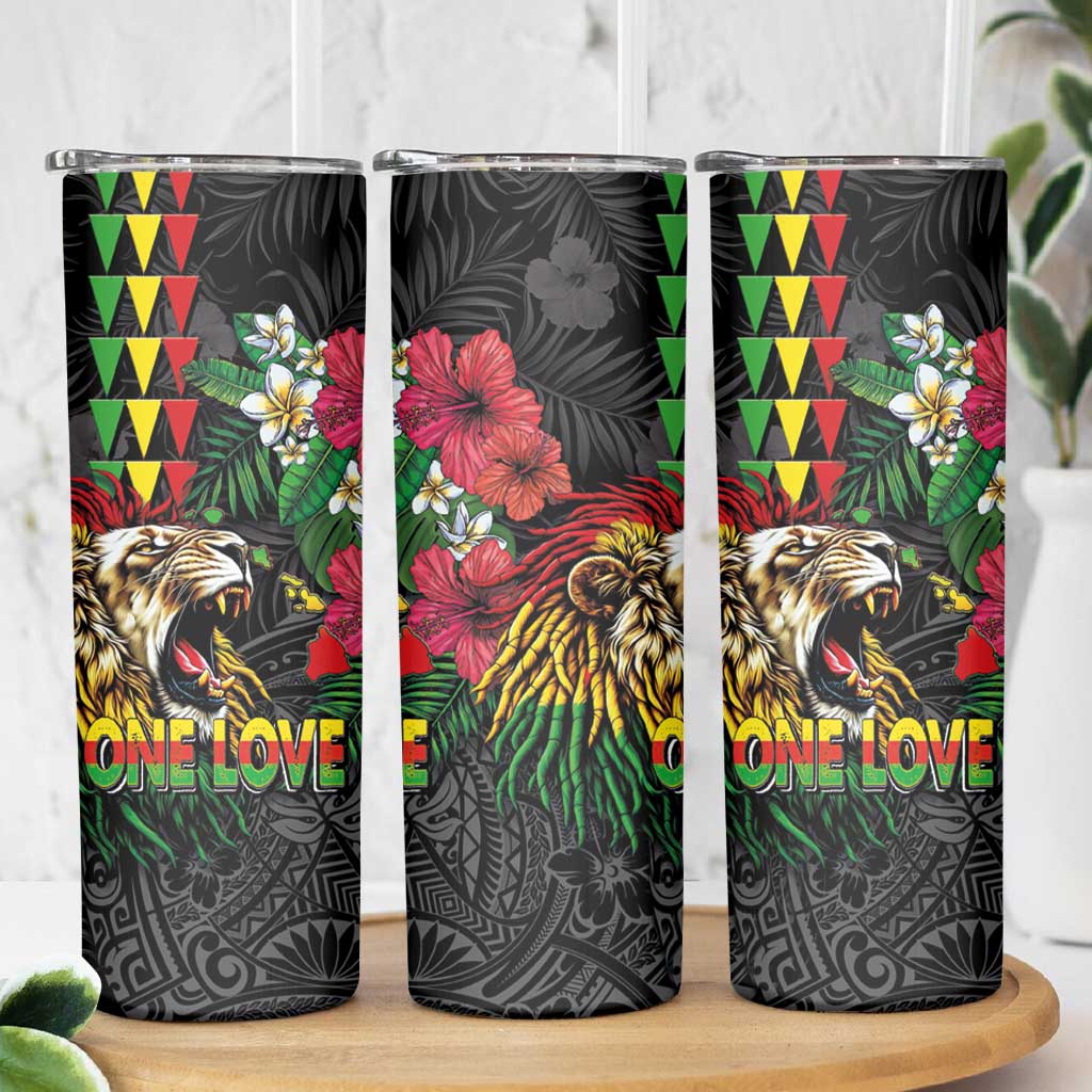 Hawaiian One Love Skinny Tumbler Reggae Lion Tropical Plants and Kakau with Tribal Pattern
