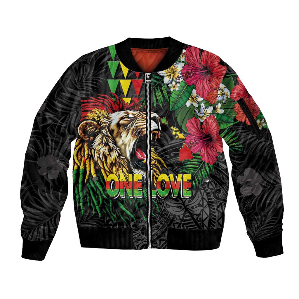 Hawaiian One Love Sleeve Zip Bomber Jacket Reggae Lion Tropical Plants and Kakau with Tribal Pattern