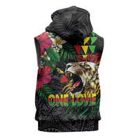 Hawaiian One Love Sleeveless Hoodie Reggae Lion Tropical Plants and Kakau with Tribal Pattern
