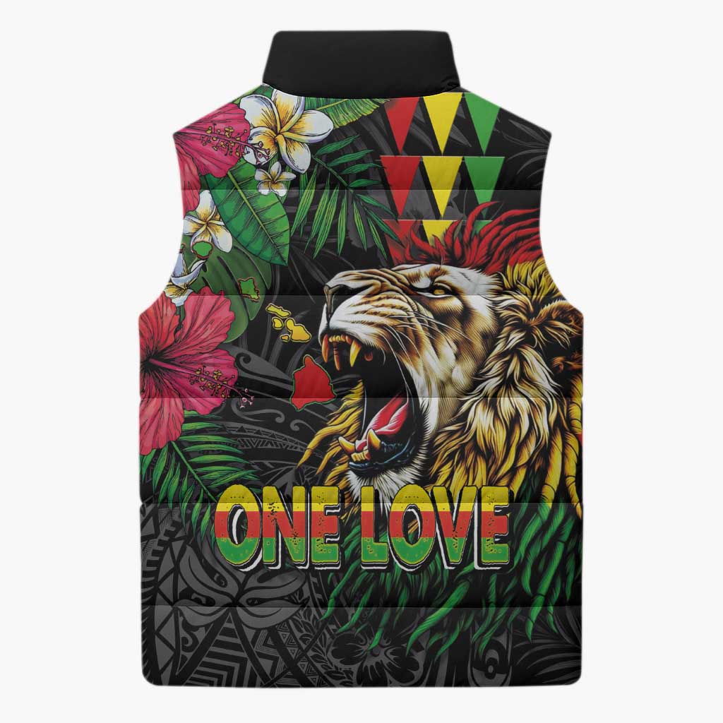 Hawaiian One Love Sleeveless Puffer Jacket Reggae Lion Tropical Plants and Kakau with Tribal Pattern