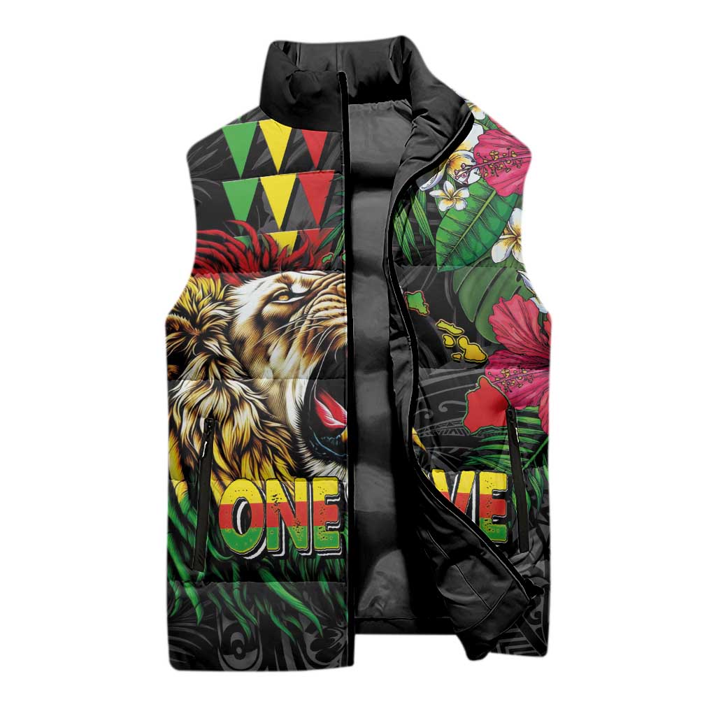Hawaiian One Love Sleeveless Puffer Jacket Reggae Lion Tropical Plants and Kakau with Tribal Pattern