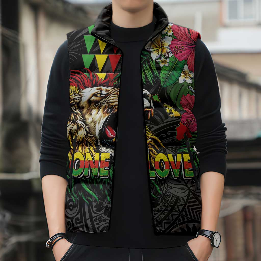 Hawaiian One Love Sleeveless Puffer Jacket Reggae Lion Tropical Plants and Kakau with Tribal Pattern