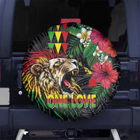 Hawaiian One Love Spare Tire Cover Reggae Lion Tropical Plants and Kakau with Tribal Pattern