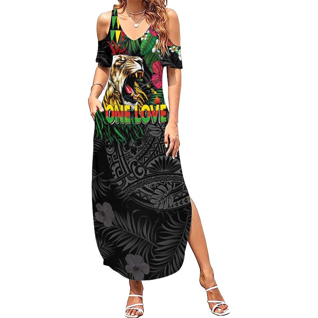 Hawaiian One Love Summer Maxi Dress Reggae Lion Tropical Plants and Kakau with Tribal Pattern