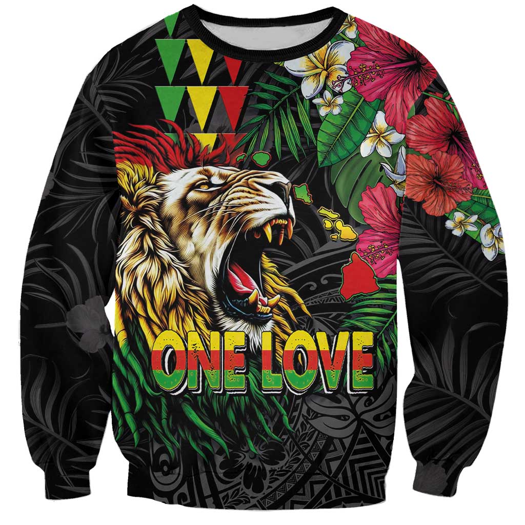 Hawaiian One Love Sweatshirt Reggae Lion Tropical Plants and Kakau with Tribal Pattern