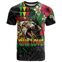 Hawaiian One Love T Shirt Reggae Lion Tropical Plants and Kakau with Tribal Pattern