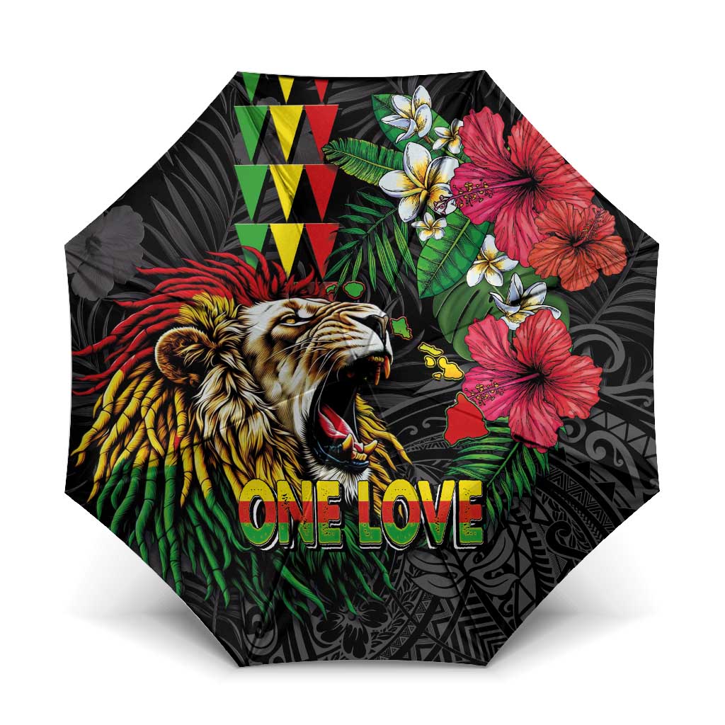 Hawaiian One Love Umbrella Reggae Lion Tropical Plants and Kakau with Tribal Pattern