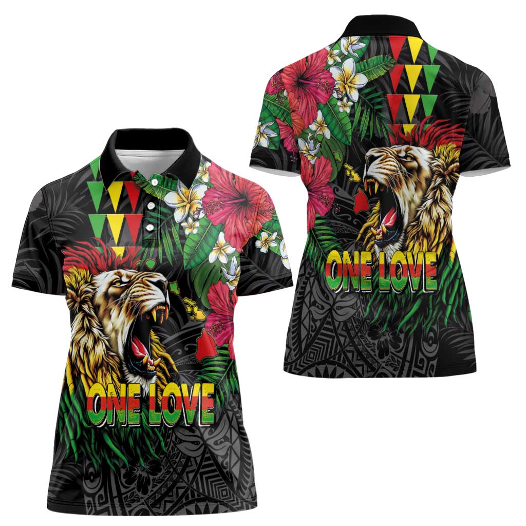 Hawaiian One Love Women Polo Shirt Reggae Lion Tropical Plants and Kakau with Tribal Pattern