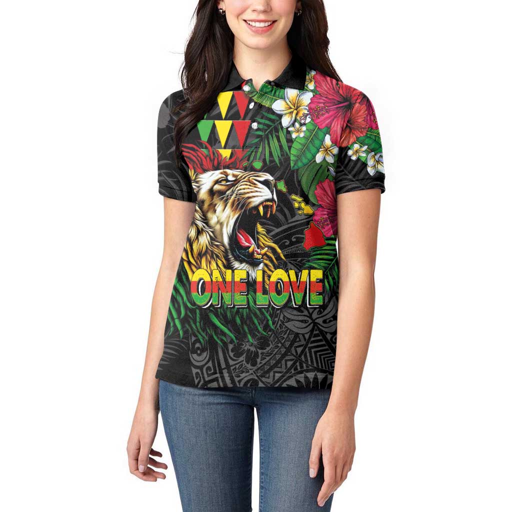 Hawaiian One Love Women Polo Shirt Reggae Lion Tropical Plants and Kakau with Tribal Pattern
