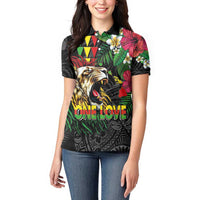Hawaiian One Love Women Polo Shirt Reggae Lion Tropical Plants and Kakau with Tribal Pattern
