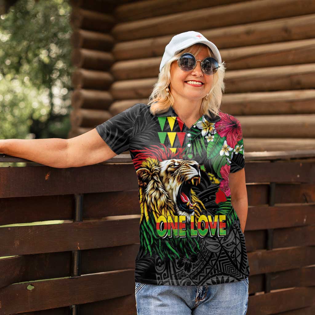Hawaiian One Love Women Polo Shirt Reggae Lion Tropical Plants and Kakau with Tribal Pattern
