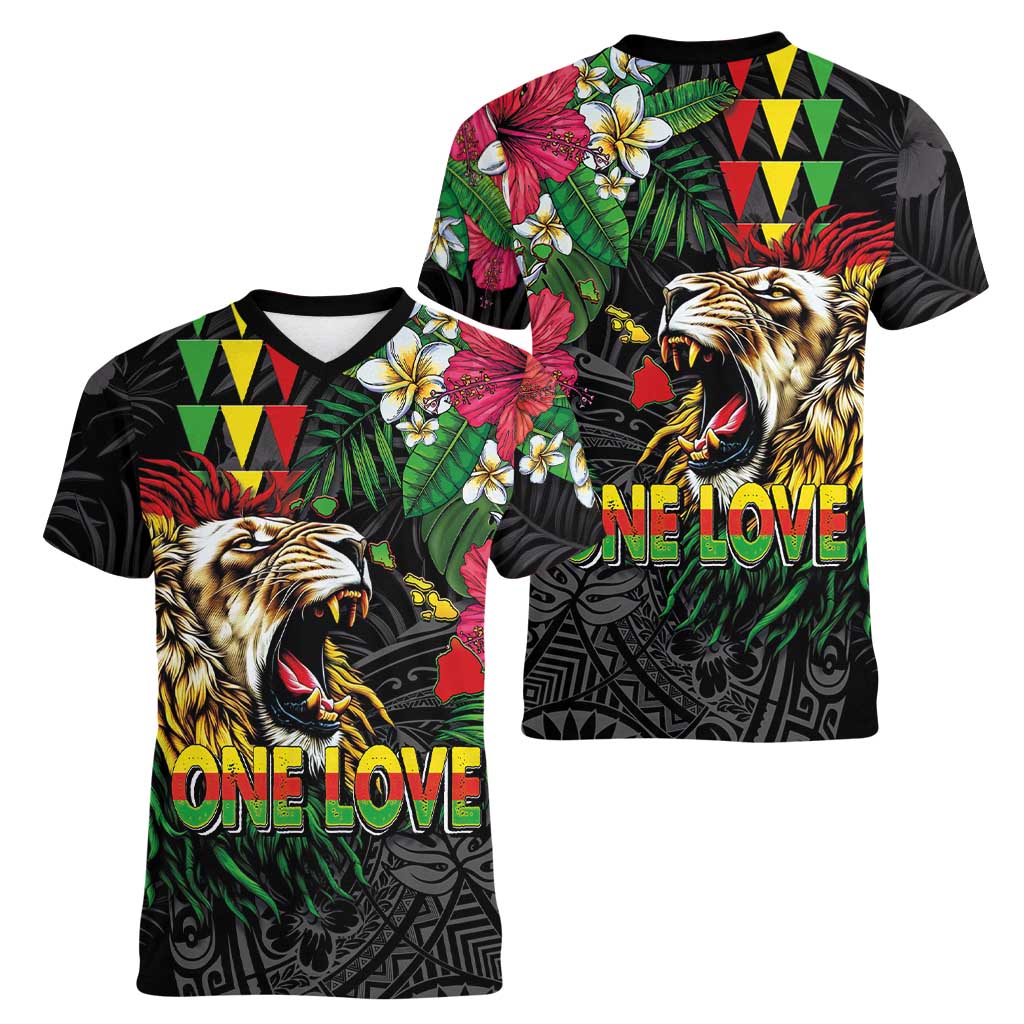 Hawaiian One Love Women V-Neck T-Shirt Reggae Lion Tropical Plants and Kakau with Tribal Pattern