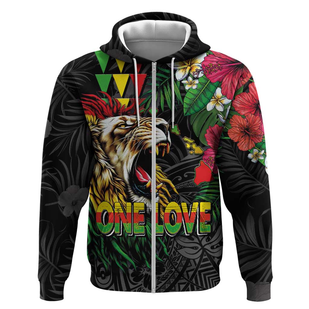 Hawaiian One Love Zip Hoodie Reggae Lion Tropical Plants and Kakau with Tribal Pattern
