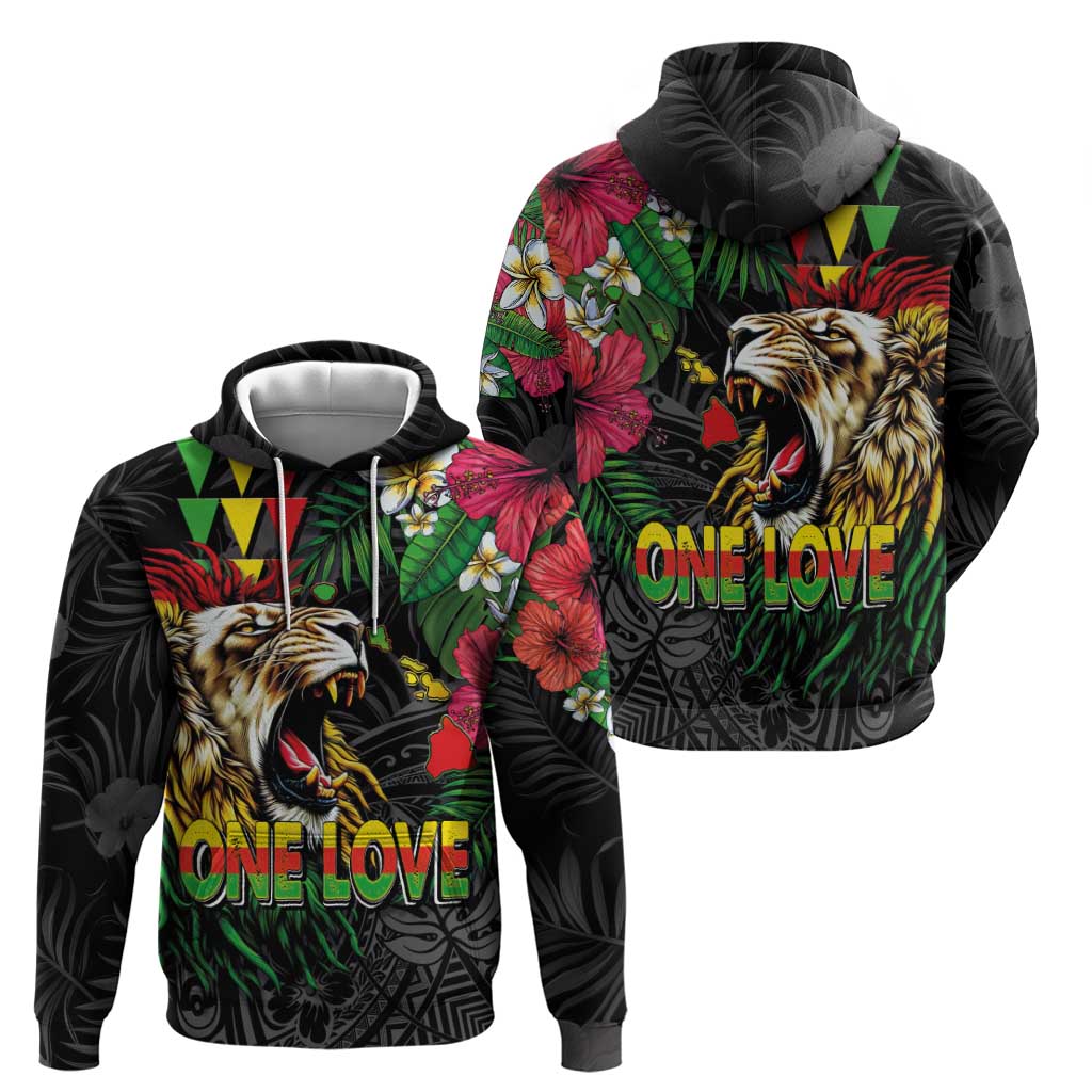 Hawaiian One Love Zip Hoodie Reggae Lion Tropical Plants and Kakau with Tribal Pattern