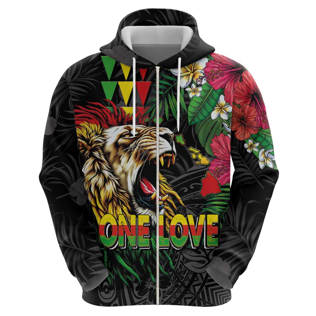 Hawaiian One Love Zip Hoodie Reggae Lion Tropical Plants and Kakau with Tribal Pattern