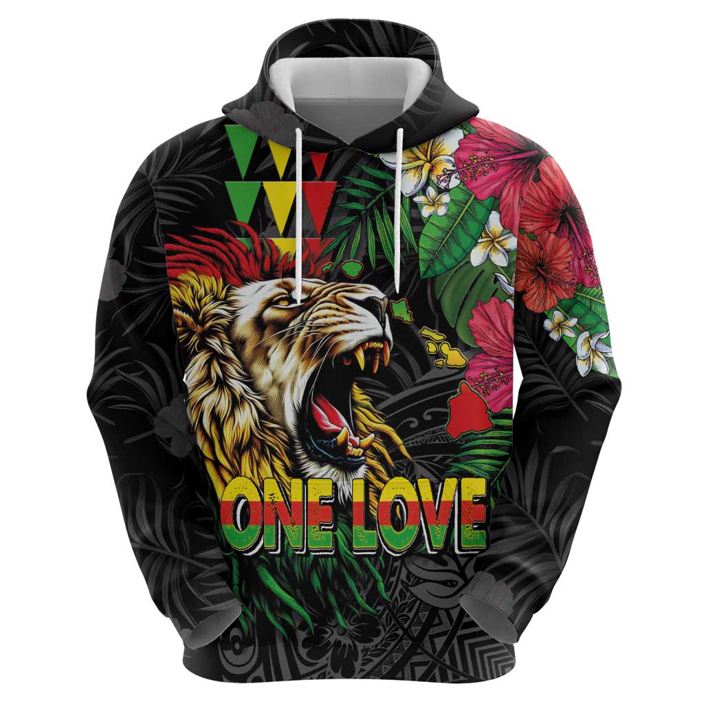 Hawaiian One Love Zip Hoodie Reggae Lion Tropical Plants and Kakau with Tribal Pattern
