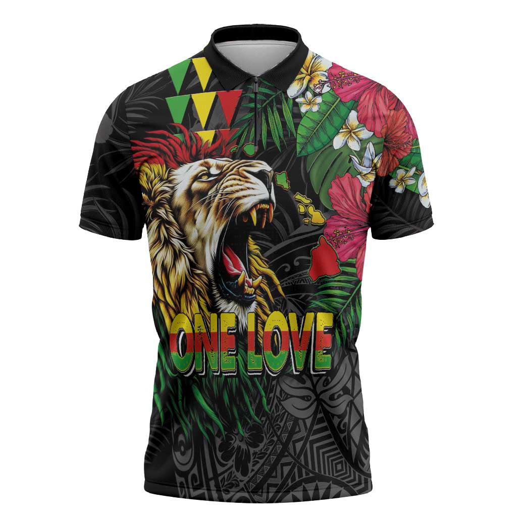 Hawaiian One Love Zipper Polo Shirt Reggae Lion Tropical Plants and Kakau with Tribal Pattern