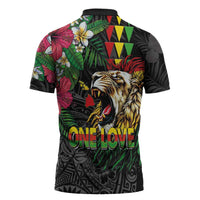 Hawaiian One Love Zipper Polo Shirt Reggae Lion Tropical Plants and Kakau with Tribal Pattern