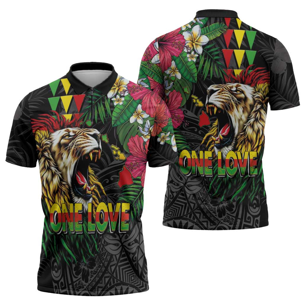 Hawaiian One Love Zipper Polo Shirt Reggae Lion Tropical Plants and Kakau with Tribal Pattern