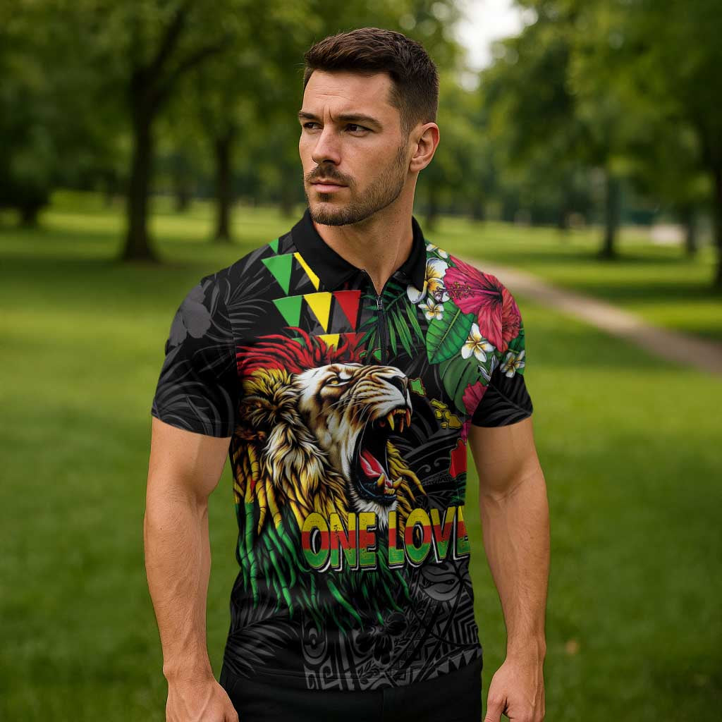 Hawaiian One Love Zipper Polo Shirt Reggae Lion Tropical Plants and Kakau with Tribal Pattern