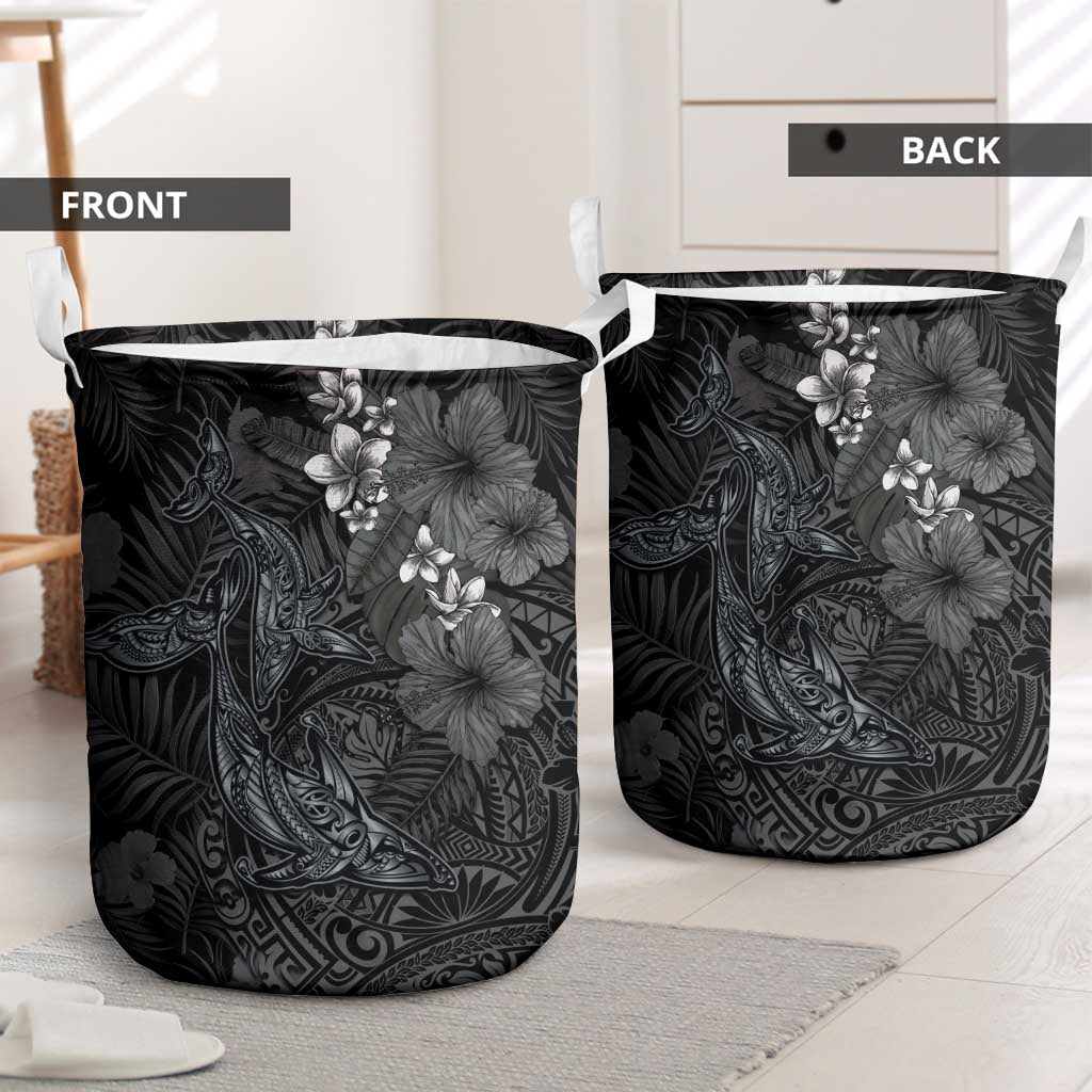 Hawaiian Tropical Plants and Tribal Whales Laundry Basket Polynesian Art Tattoo Grayscale