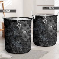 Hawaiian Tropical Plants and Tribal Whales Laundry Basket Polynesian Art Tattoo Grayscale