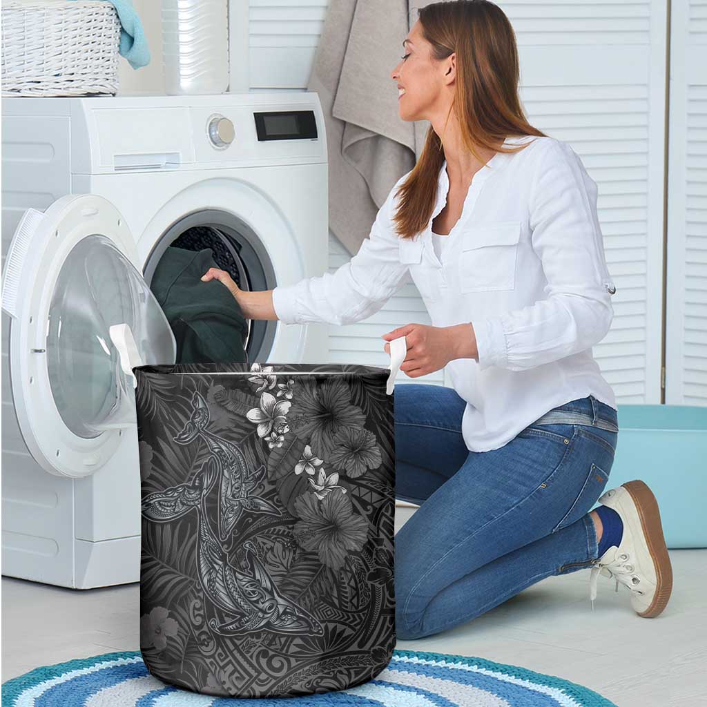 Hawaiian Tropical Plants and Tribal Whales Laundry Basket Polynesian Art Tattoo Grayscale