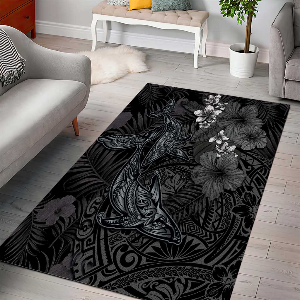 Hawaiian Tropical Plants and Tribal Whales Area Rug Polynesian Art Tattoo Grayscale