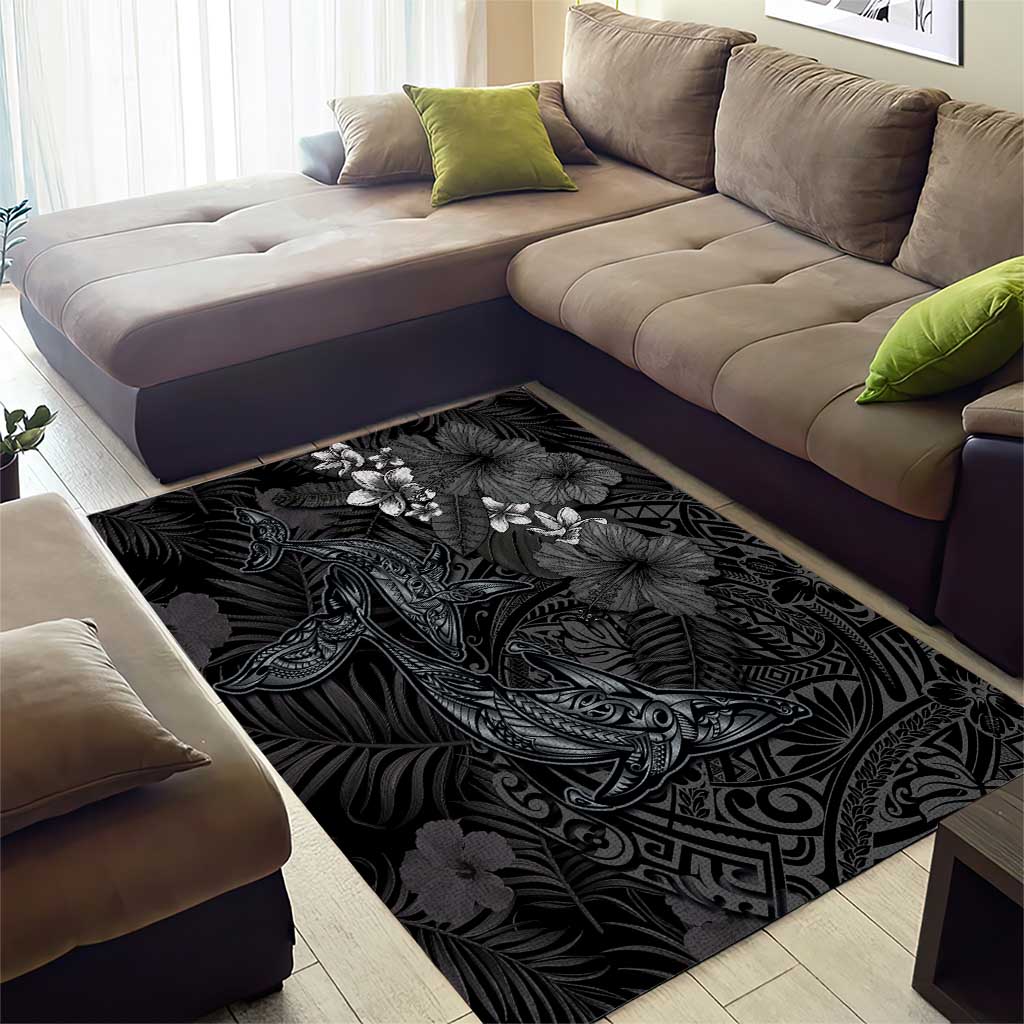 Hawaiian Tropical Plants and Tribal Whales Area Rug Polynesian Art Tattoo Grayscale