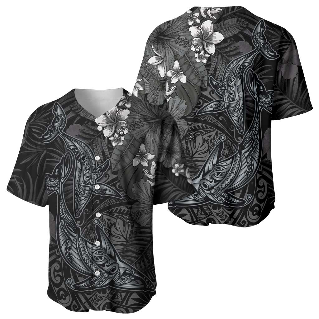 Hawaiian Tropical Plants and Tribal Whales Baseball Jersey Polynesian Art Tattoo Grayscale
