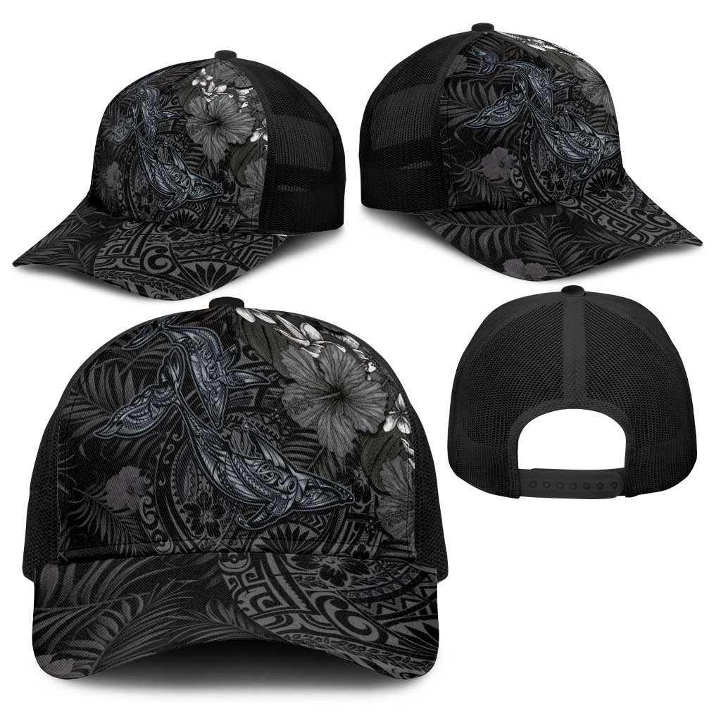 Hawaiian Tropical Plants and Tribal Whales Baseball Net Cap Polynesian Art Tattoo Grayscale