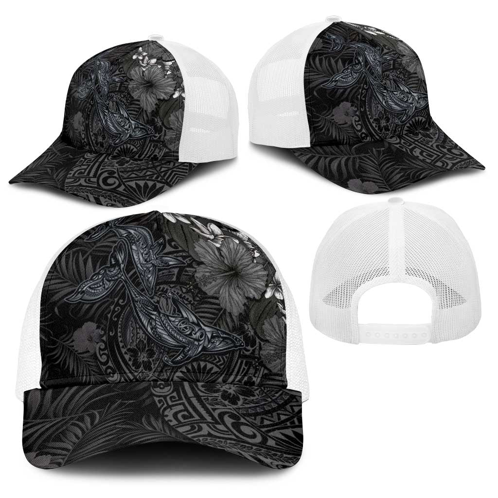 Hawaiian Tropical Plants and Tribal Whales Baseball Net Cap Polynesian Art Tattoo Grayscale