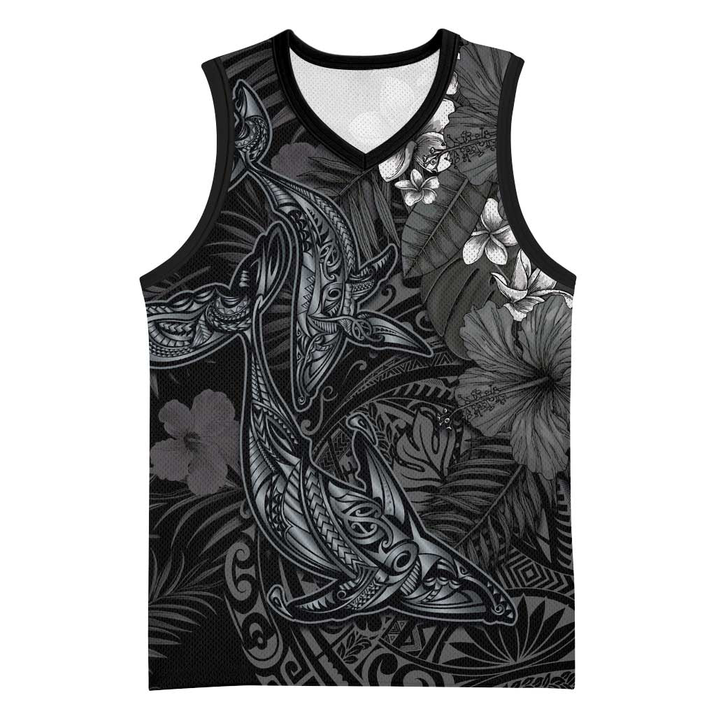 Hawaiian Tropical Plants and Tribal Whales Basketball Jersey Polynesian Art Tattoo Grayscale