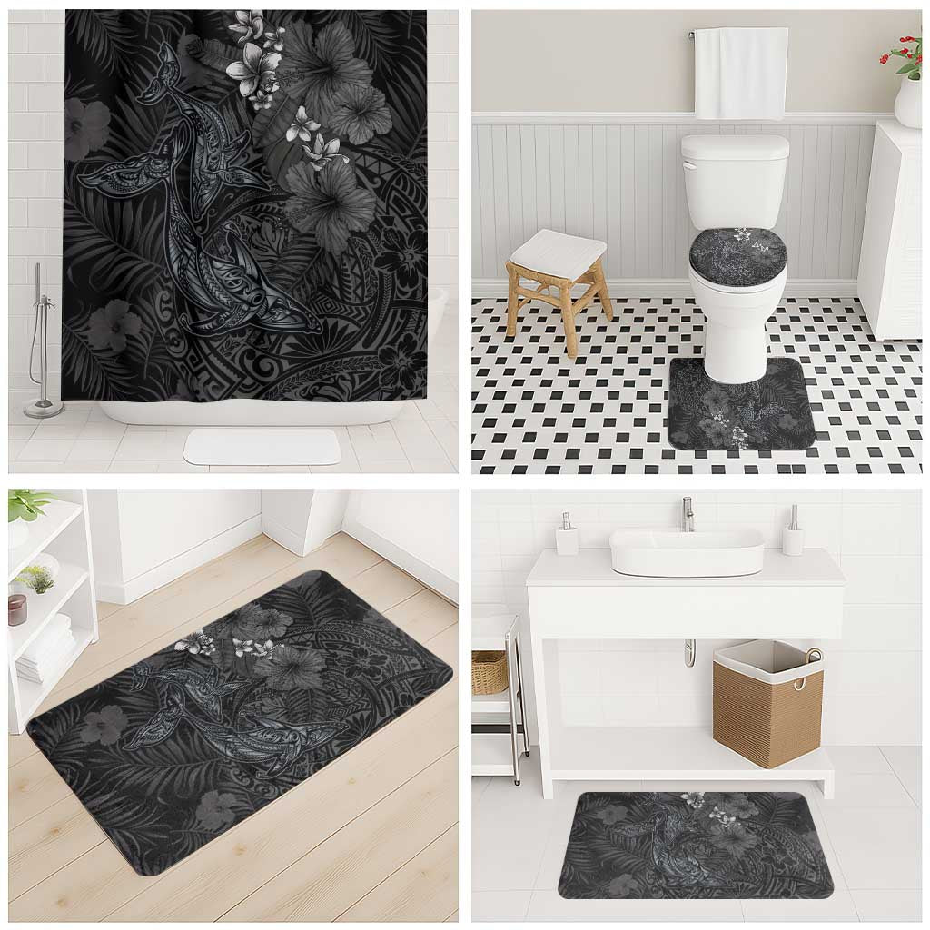Hawaiian Tropical Plants and Tribal Whales Bathroom Set Polynesian Art Tattoo Grayscale