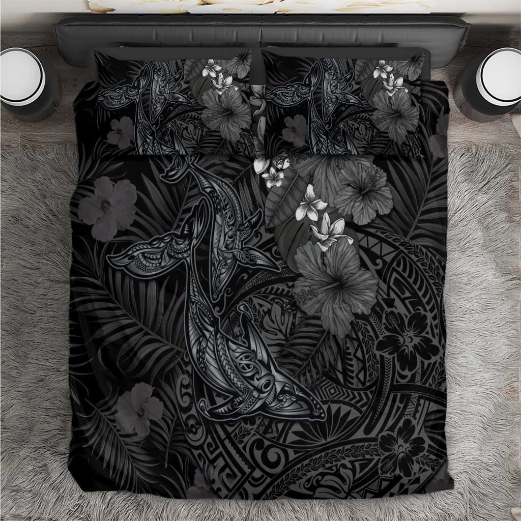 Hawaiian Tropical Plants and Tribal Whales Bedding Set Polynesian Art Tattoo Grayscale