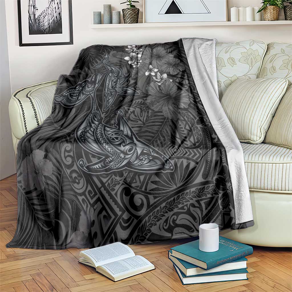 Hawaiian Tropical Plants and Tribal Whales Blanket Polynesian Art Tattoo Grayscale