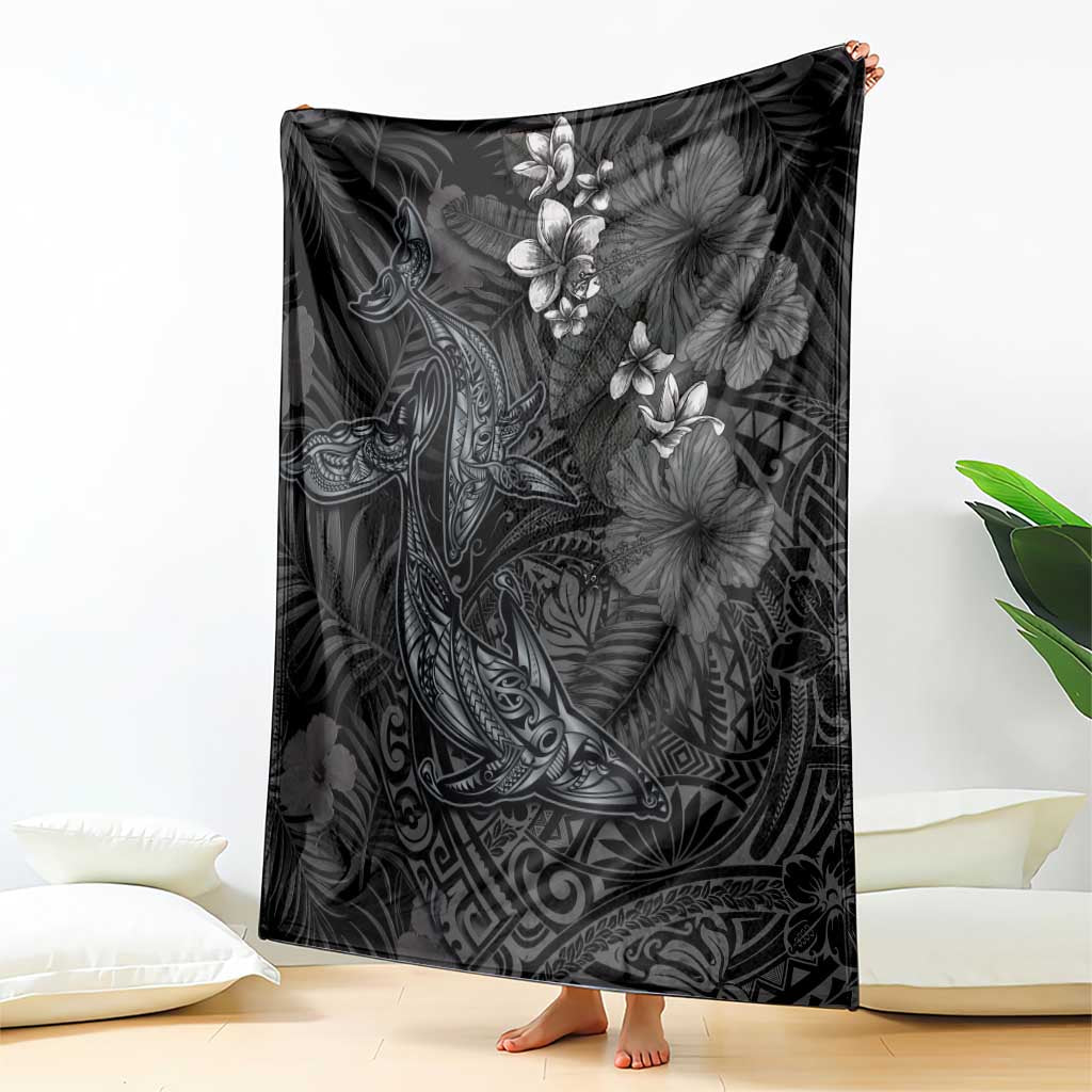 Hawaiian Tropical Plants and Tribal Whales Blanket Polynesian Art Tattoo Grayscale