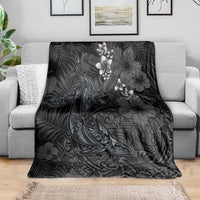 Hawaiian Tropical Plants and Tribal Whales Blanket Polynesian Art Tattoo Grayscale