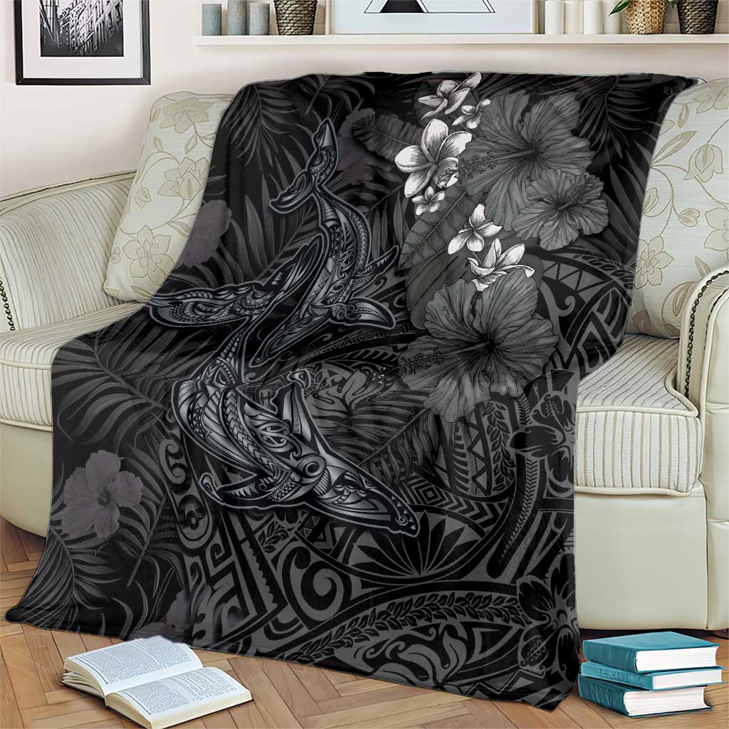 Hawaiian Tropical Plants and Tribal Whales Blanket Polynesian Art Tattoo Grayscale