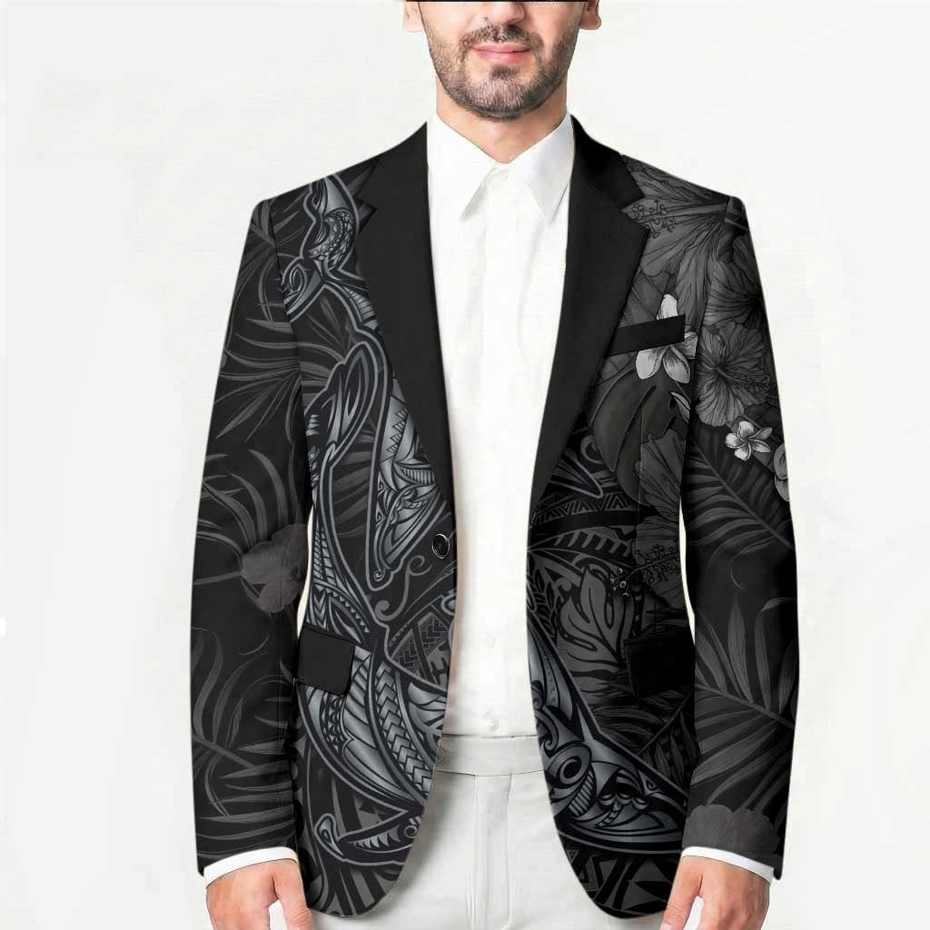 Hawaiian Tropical Plants and Tribal Whales Blazer Polynesian Art Tattoo Grayscale