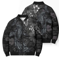 Hawaiian Tropical Plants and Tribal Whales Bomber Puffer Jacket Polynesian Art Tattoo Grayscale